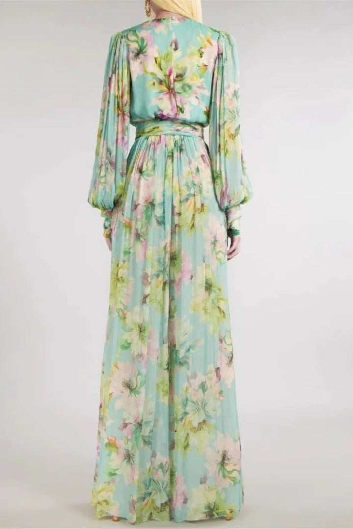 V-NECK FLORAL CHIFFON MAXI DRESS GREEN