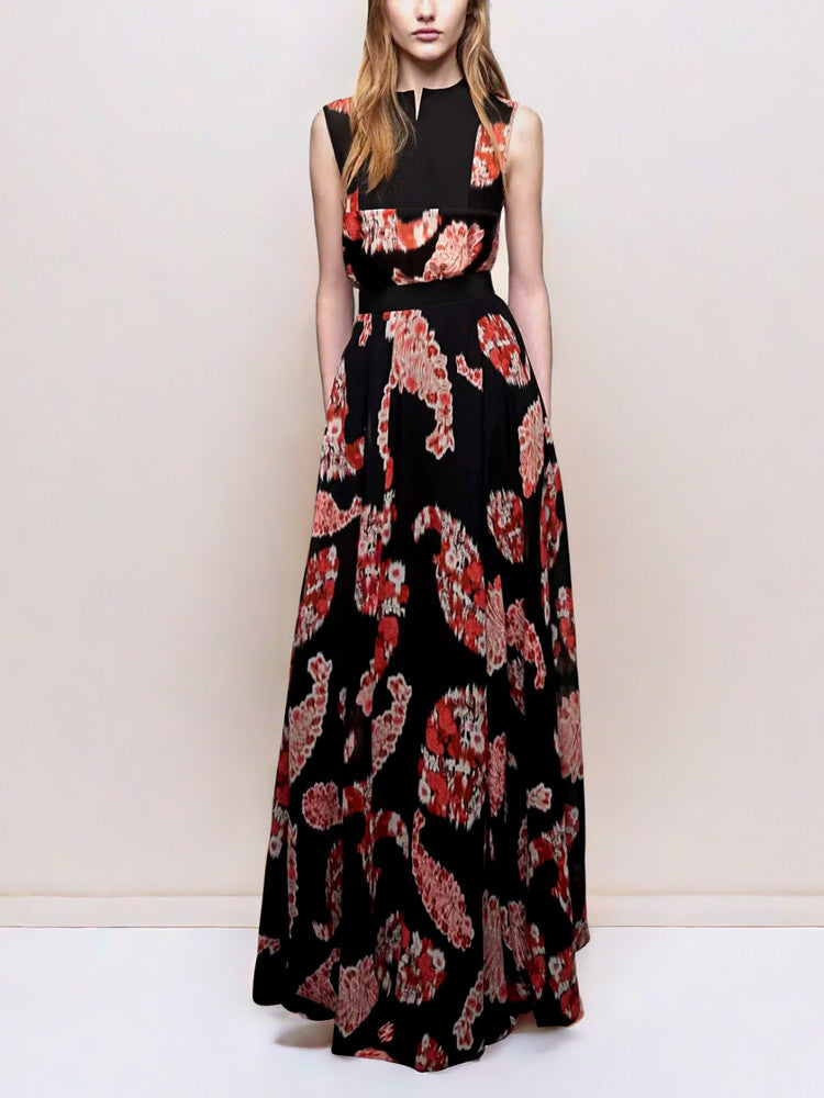 BLACK PRINTED V-NECK SLEEVELESS MAXI DRESS CASUAL
