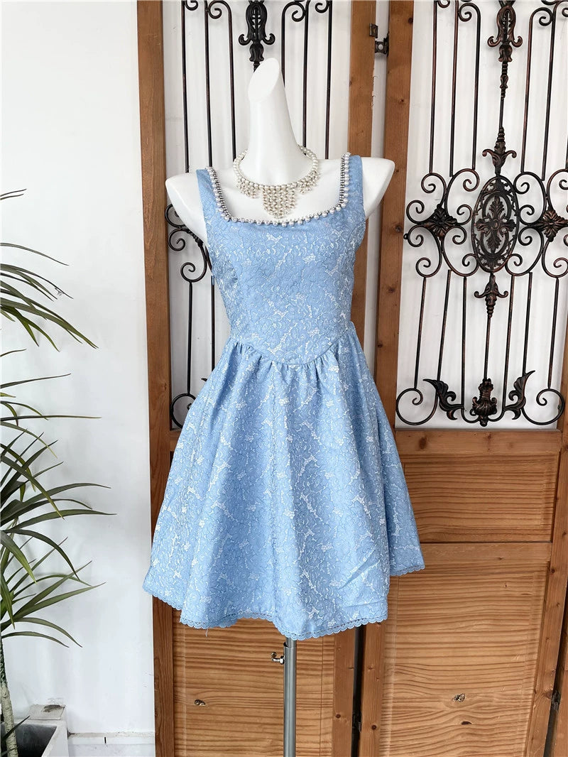 BEADED SQUARE NECK BOW A-LINE MINI DRESS FOR PARTY