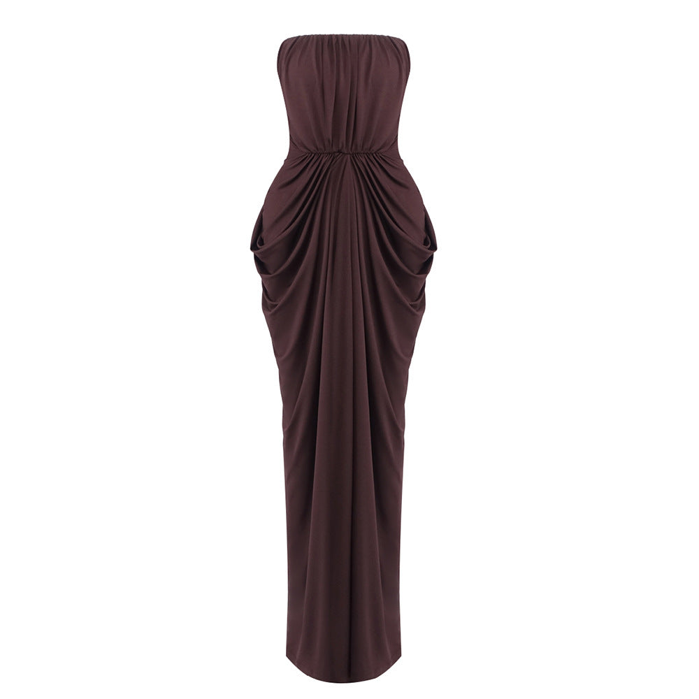 SIMONA BROWN STRAPLESS PLEATED GOWN
