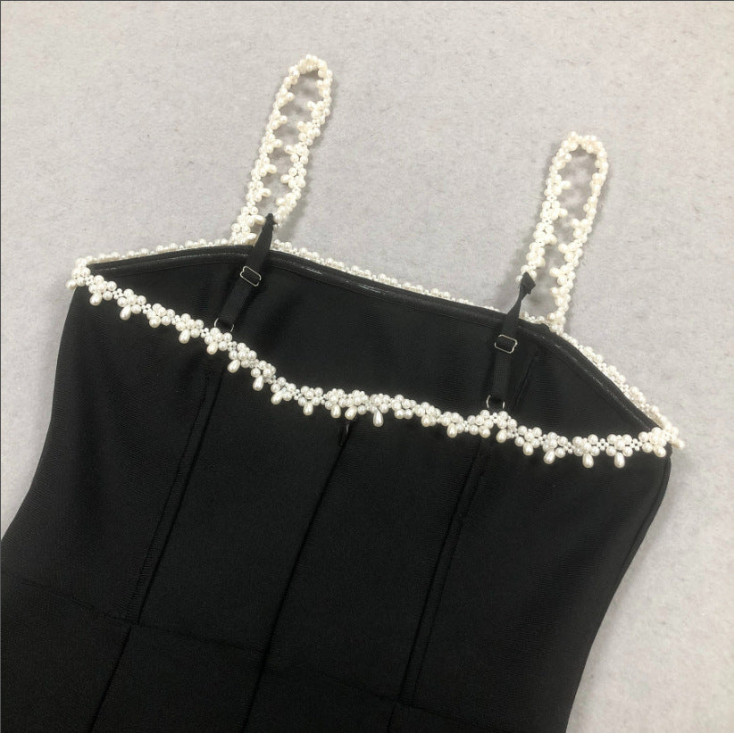 PEARL STRAP MINI DRESS, BLACK COCKTAIL