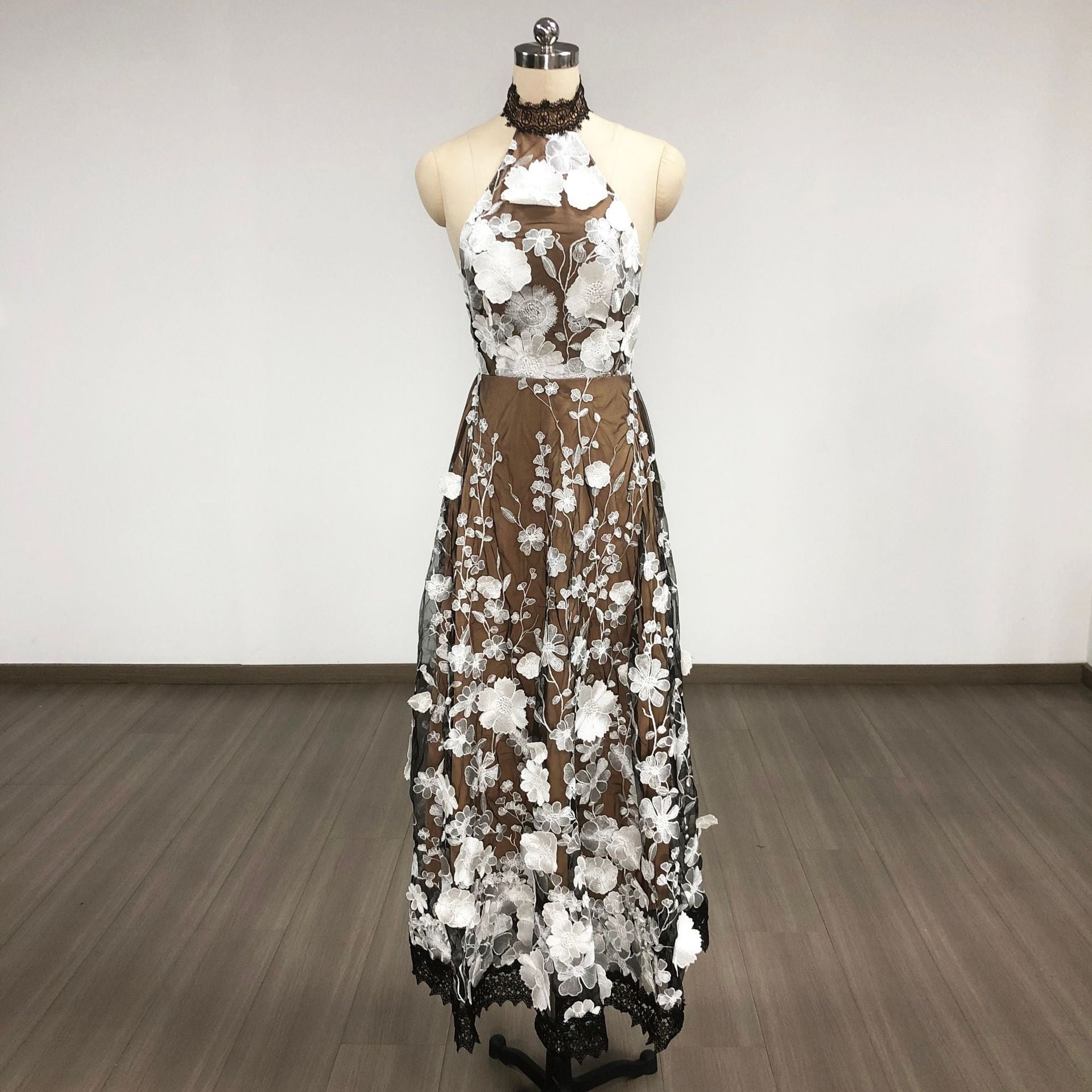 ALYSSA BLACK HALTER FLORAL EMBROIDERED MIDI DRESS