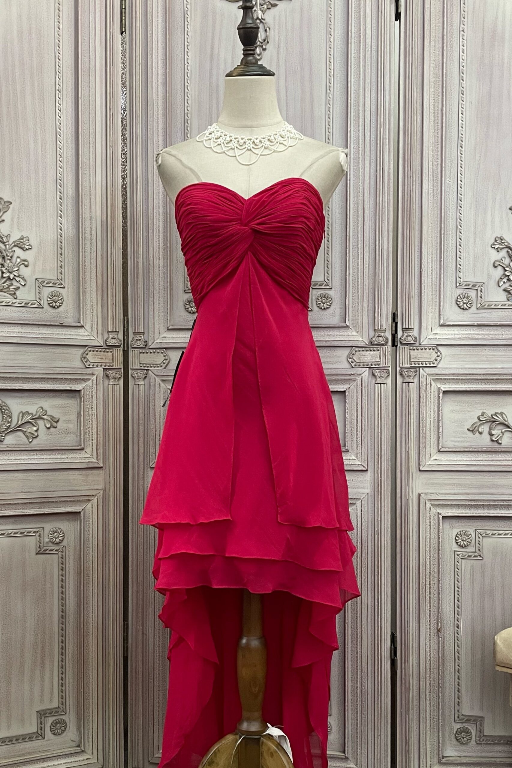 RED STRAPLESS CHIFFON HIGH-LOW EVENING GOWN