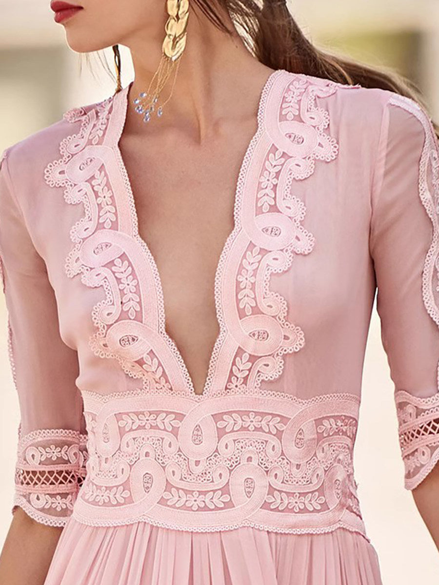 BLUSH PINK LACE V-NECK MAXI DRESS, ROMANTIC