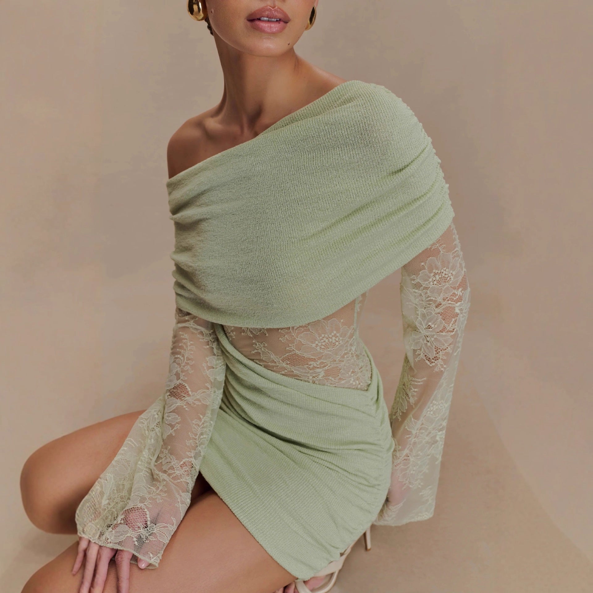 MATCHA LACE STRAPLESS KNIT MINI DRESS