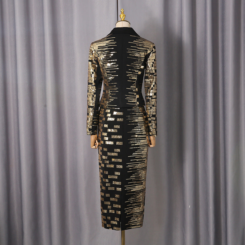 HIGH-WAISTED BLACK SKIRT SUIT, GOLD SEQUIN BLAZER