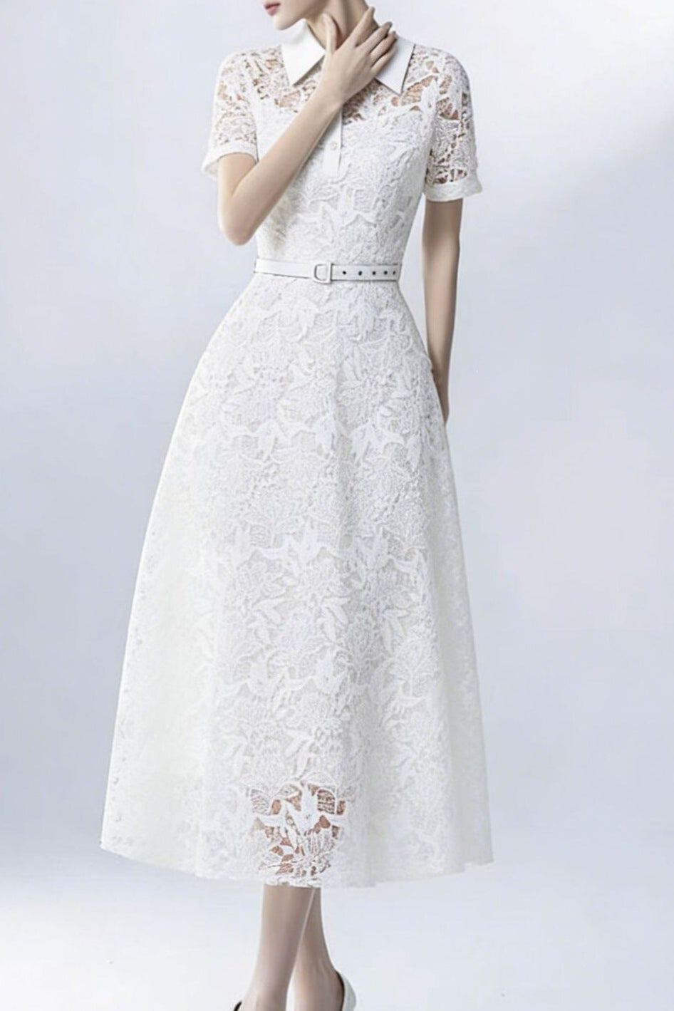 LACE COLLAR BELTED MIDI DRESS FOR WEDDING GUEST