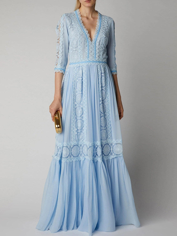 BLUE V-NECK LACE MAXI DRESS FOR WEDDING GUEST