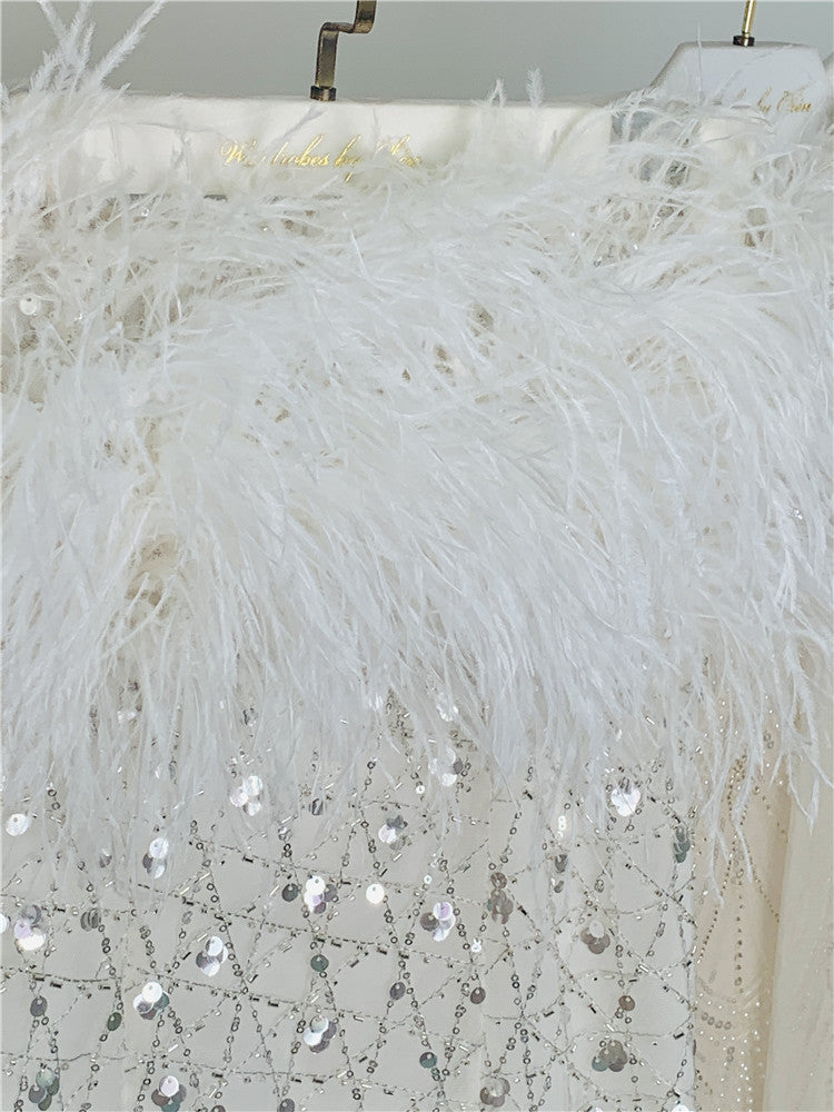 HAUTE COUTURE WHITE FEATHER SEQUIN DRESS