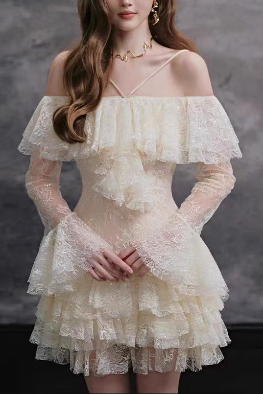 ELISHA OFF-SHOULDER LACE RUFFLE MINI DRESS