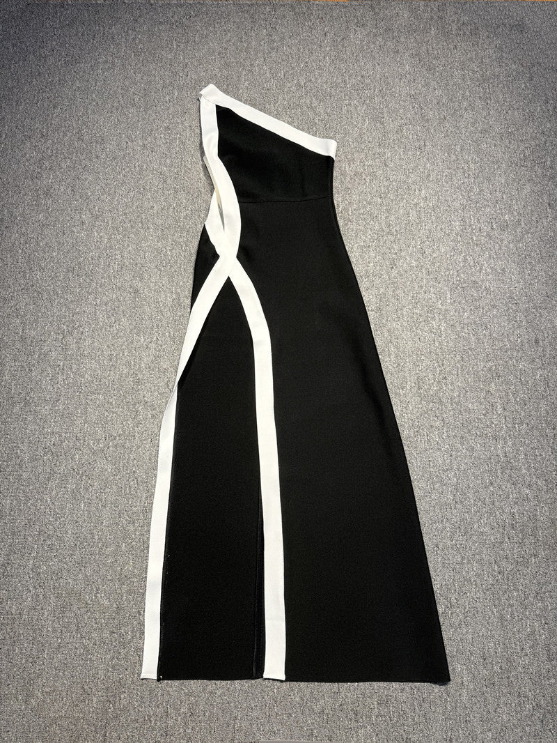 ONE SHOULDER HIGH SLIT MAXI DRESS BLACK