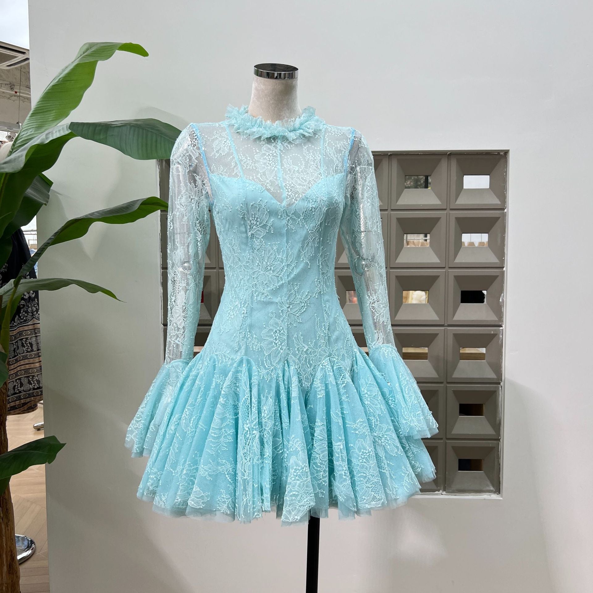 BLUE EMBROIDERED FLARED MINI DRESS FOR PARTY