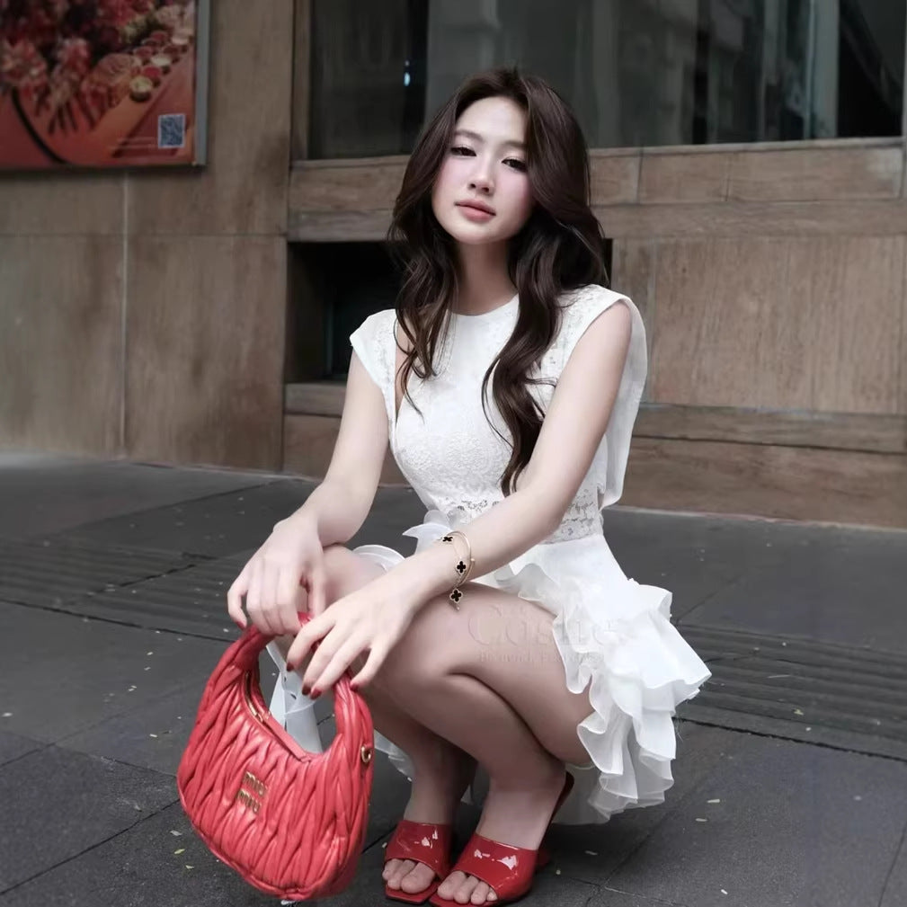 WHITE SHARON LACE PATCHWORK MINI DRESS - TASSEL FLOWER