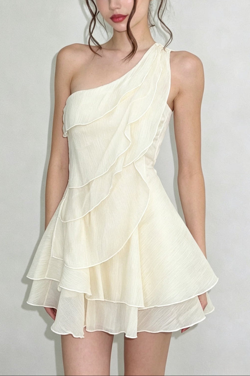 EVELYN ONE-SHOULDER RUFFLE MINI DRESS - APRICOT