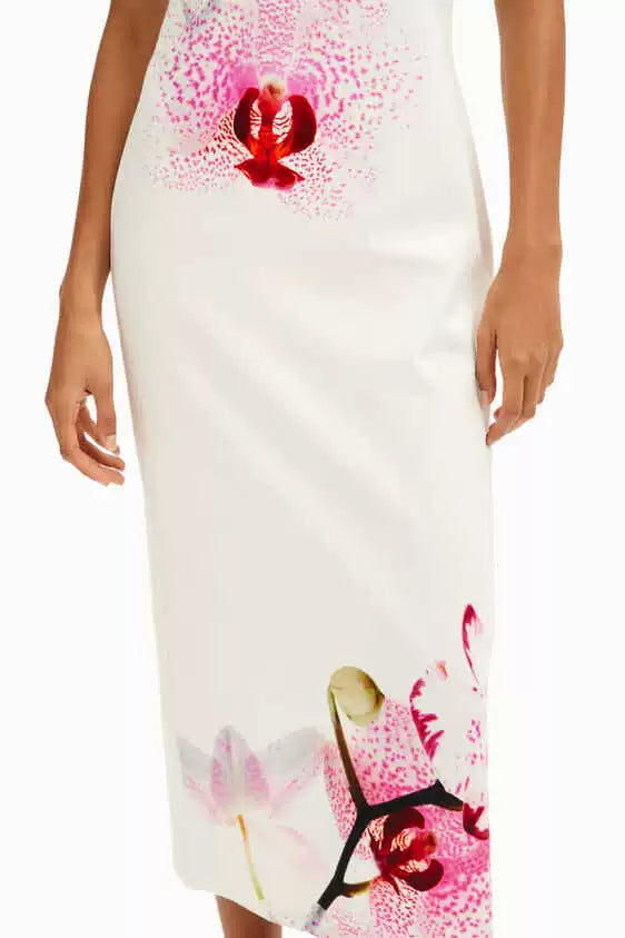ORCHID PRINT BACK SLIT SLIM MIDI DRESS