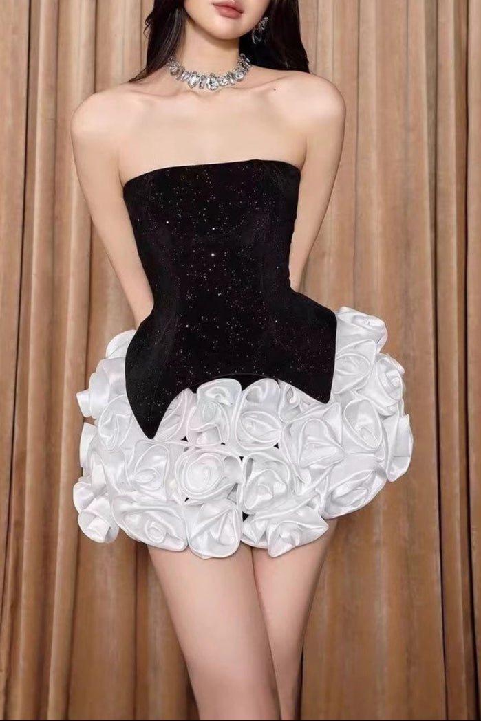 O1CN01qXbIdV1x1vZHOoluZ__2215741276384-0-cib DORIS BLACK 3D FLOWER SEQUIN STRAPLESS MINI DRESS