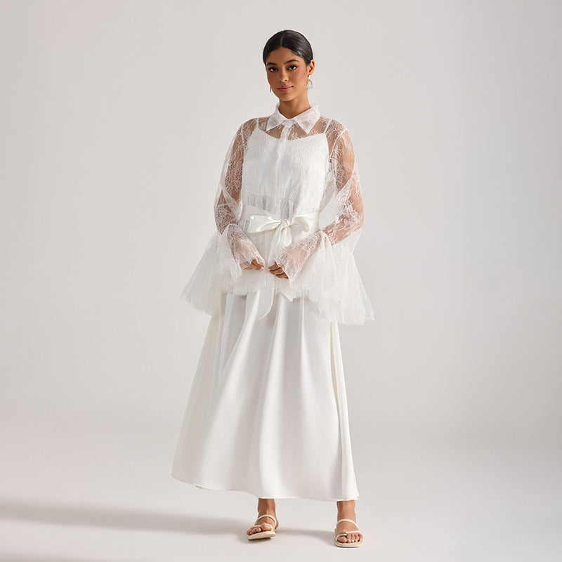 TIFFANY WHITE LACE BELL SLEEVE MAXI SKIRT SET