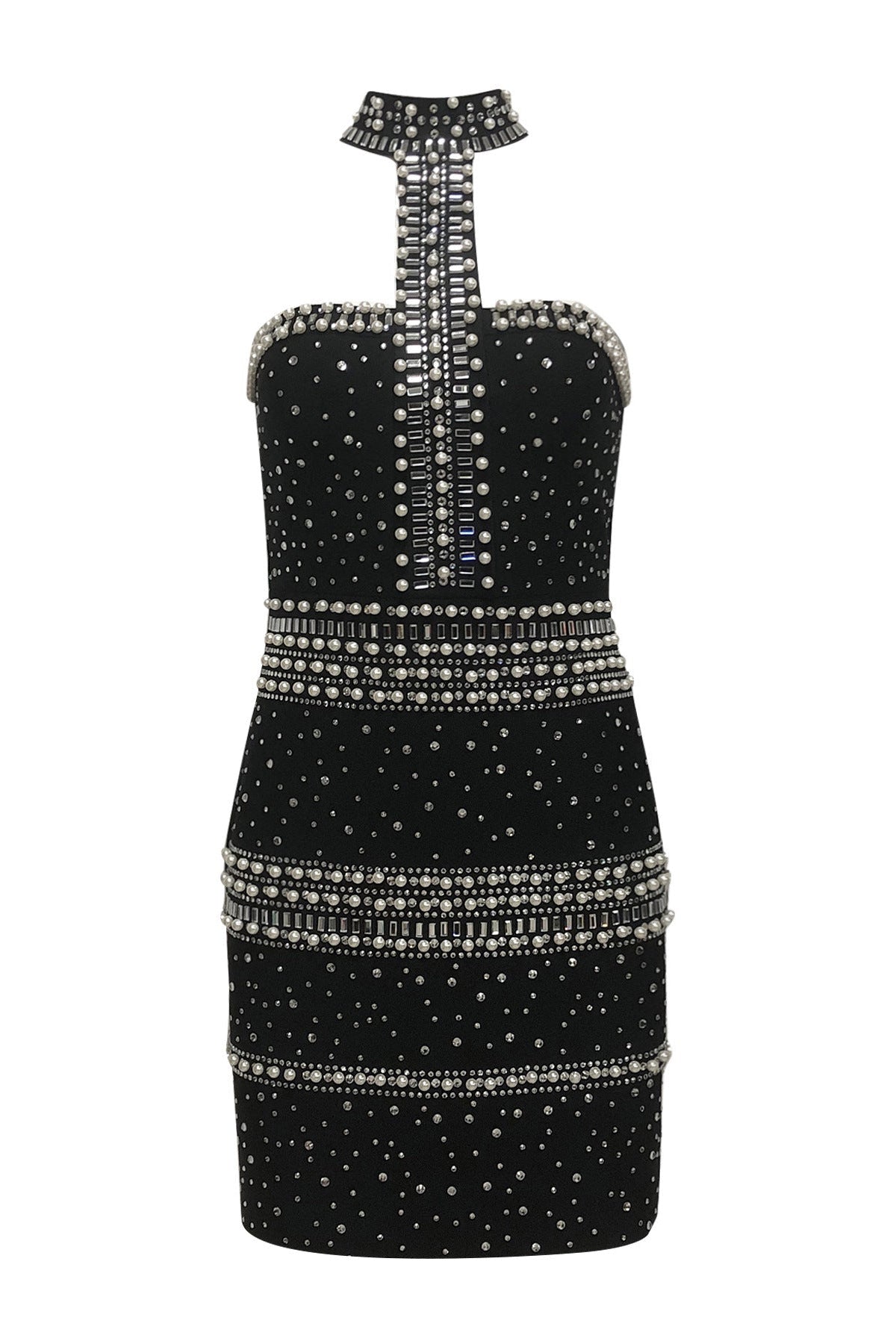 NELLY PEARL RHINESTONE HALTER MINI DRESS BLACK