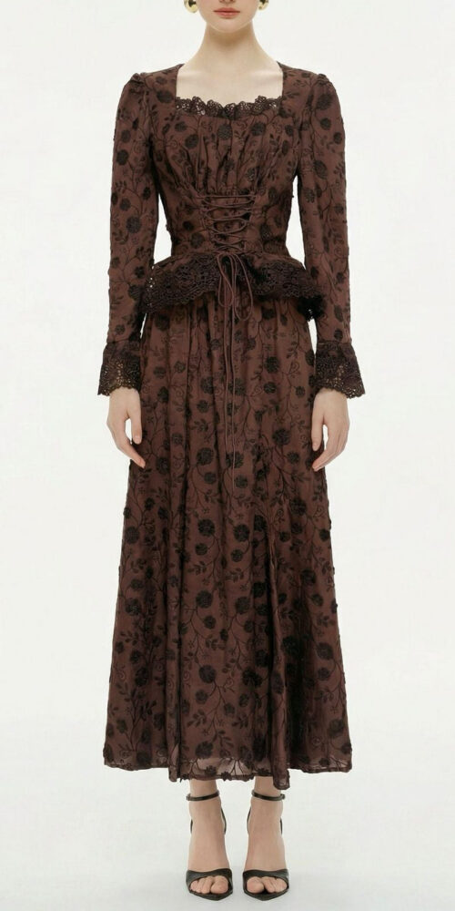 Fiorenza Brown Floral Lace Blouse & Skirt Set Fiorenza Brown Floral Lace Blouse & Skirt Set