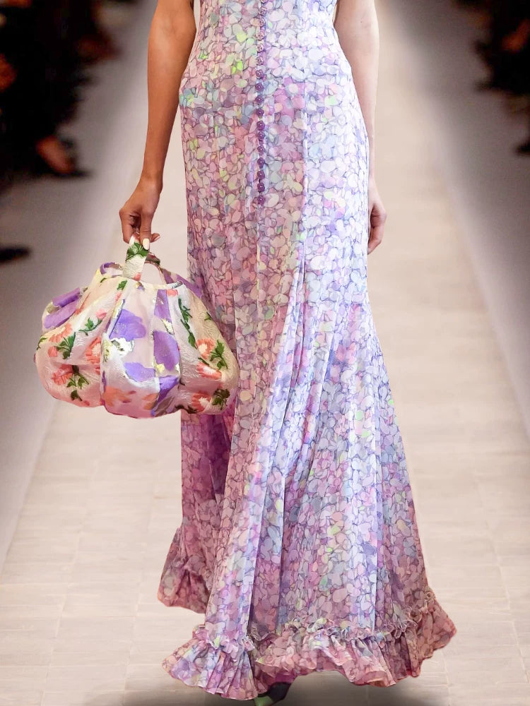 PINK FLORAL V-NECK RUFFLE MAXI DRESS