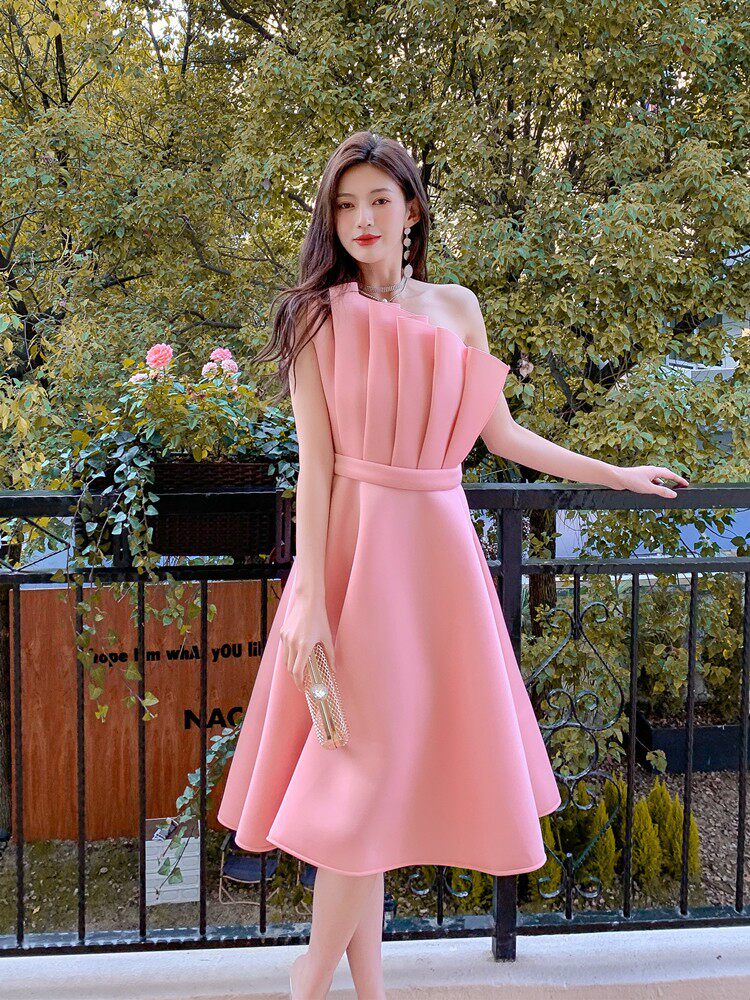 RUFFLED HEM STRAPLESS ONE-SHOULDER MIDI DRESS