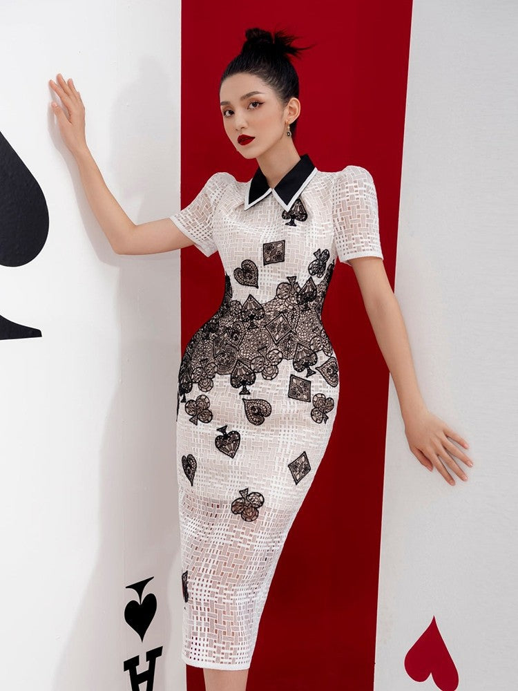 SEQUIN POKER PATTERN WHITE MIDI DRESS