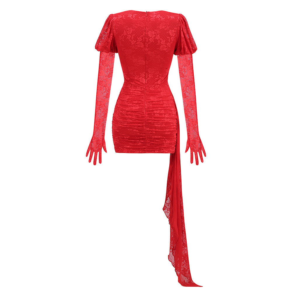 DARIEL FLORAL JACQUARD CUTOUT DRAPED MINI DRESS RED