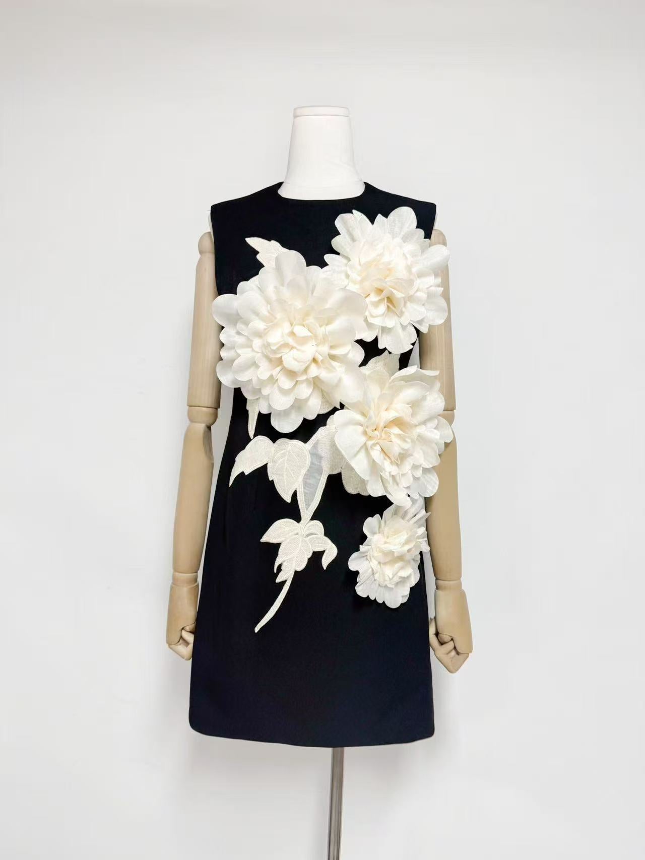 3D FLOWER MINI DRESS, BLACK, COCKTAIL PARTY