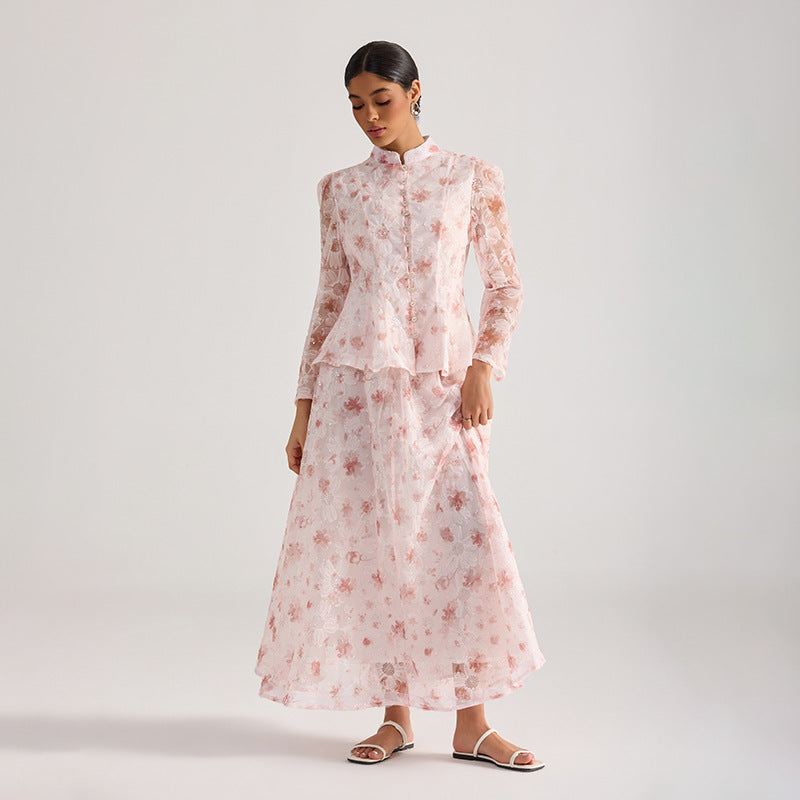REBECCA PINK FLORAL EMBROIDERED LONG SLEEVE TOP SKIRT SET