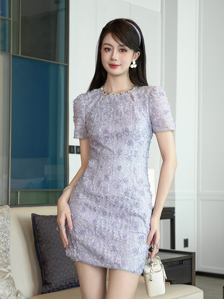 RHINESTONE FLOWER EMBROIDERY BODYCON MINI DRESS IN PURPLE