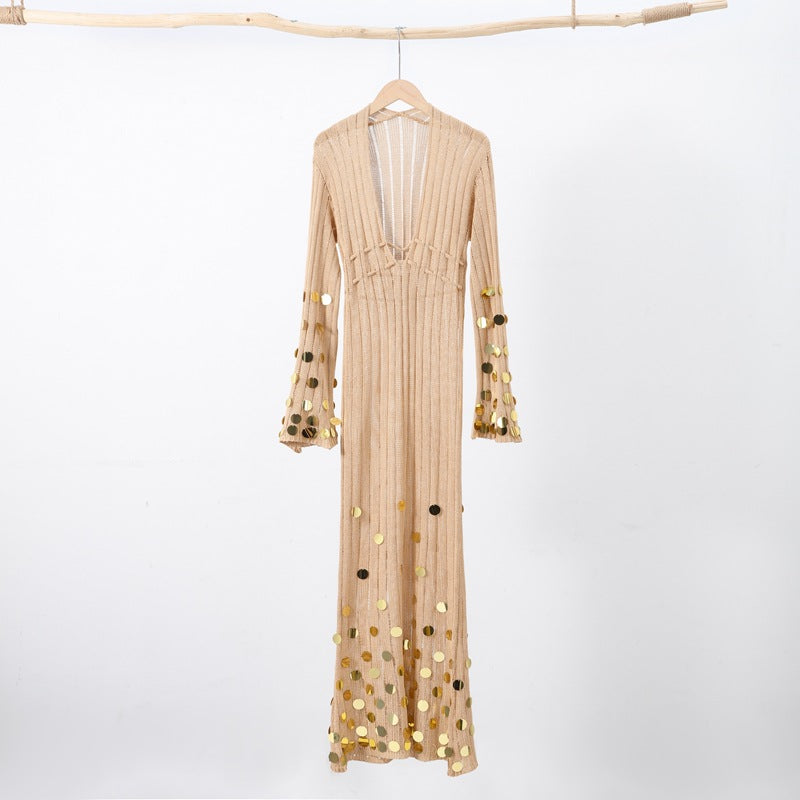 ELMA GOLDEN AURA V-NECK KNIT MAXI DRESS