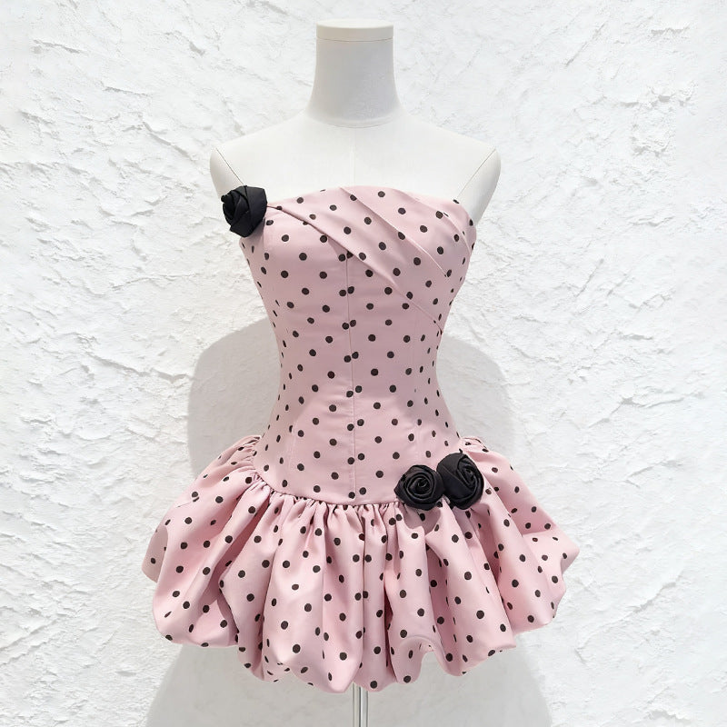POLKA DOT STRAPLESS CORSET PUFF MINI DRESS