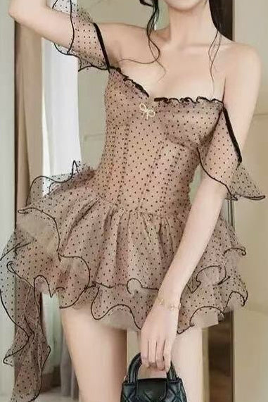 O1CN01qu5nQf1qinNXCY4z9__2222067565530-0-cib OFF SHOULDER POLKA DOT MESH RUFFLE MINI DRESS