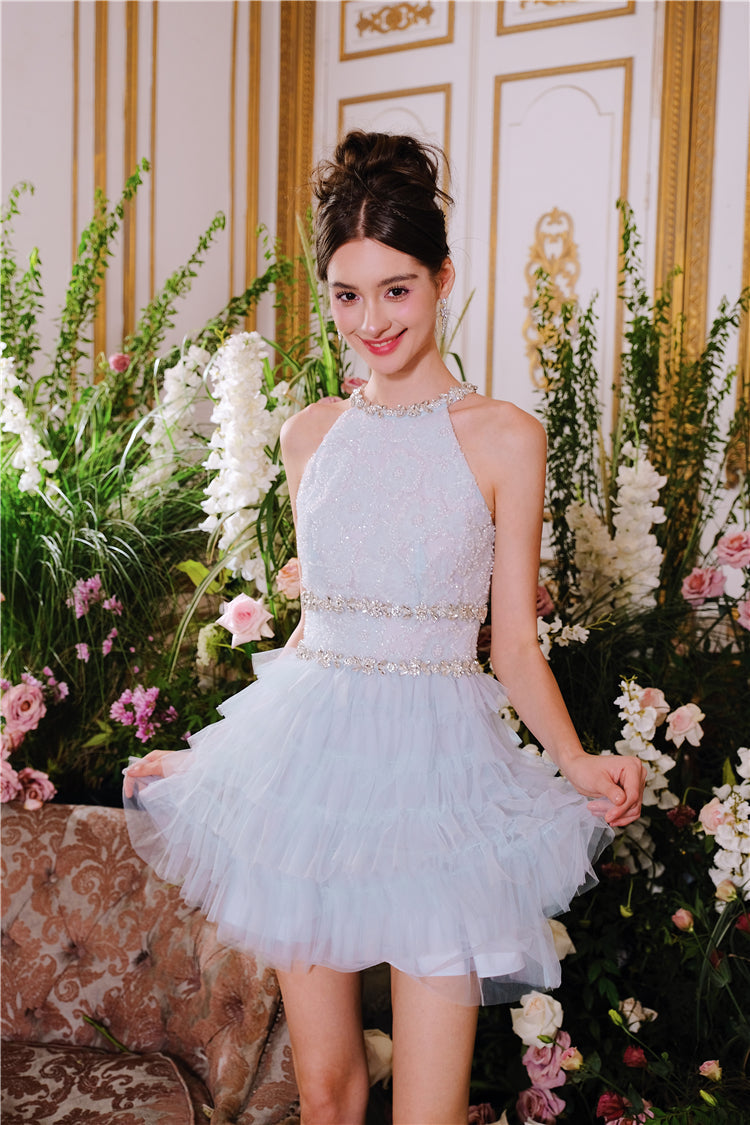 SLEEVELESS HALTER LAYERED PARTY DRESS