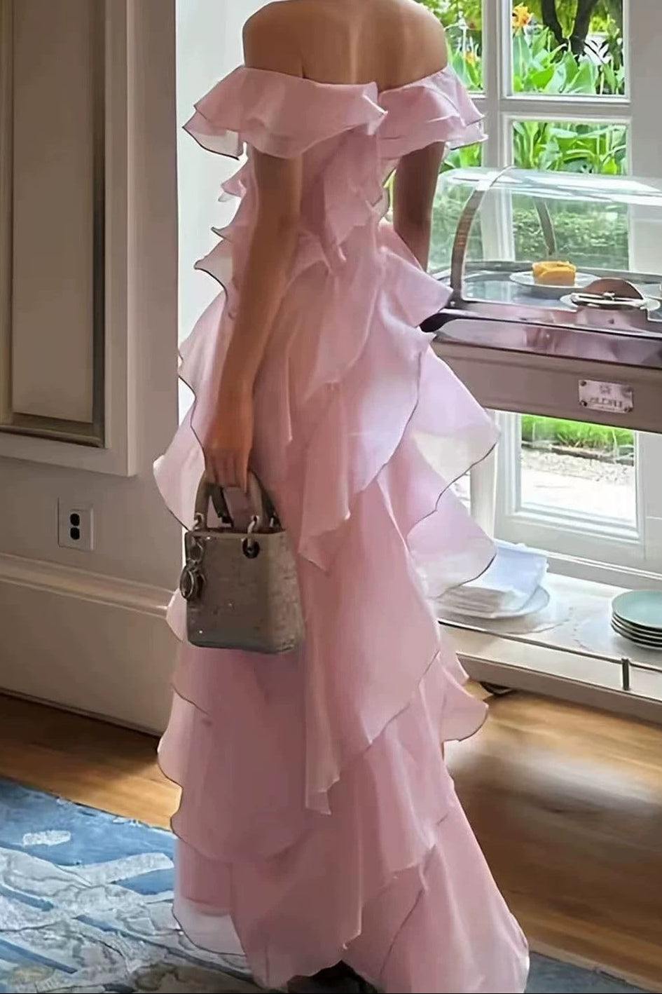 OFF SHOULDER RUFFLE CHIFFON MAXI EVENING GOWN