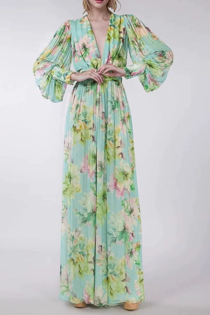 V-NECK FLORAL CHIFFON MAXI DRESS GREEN
