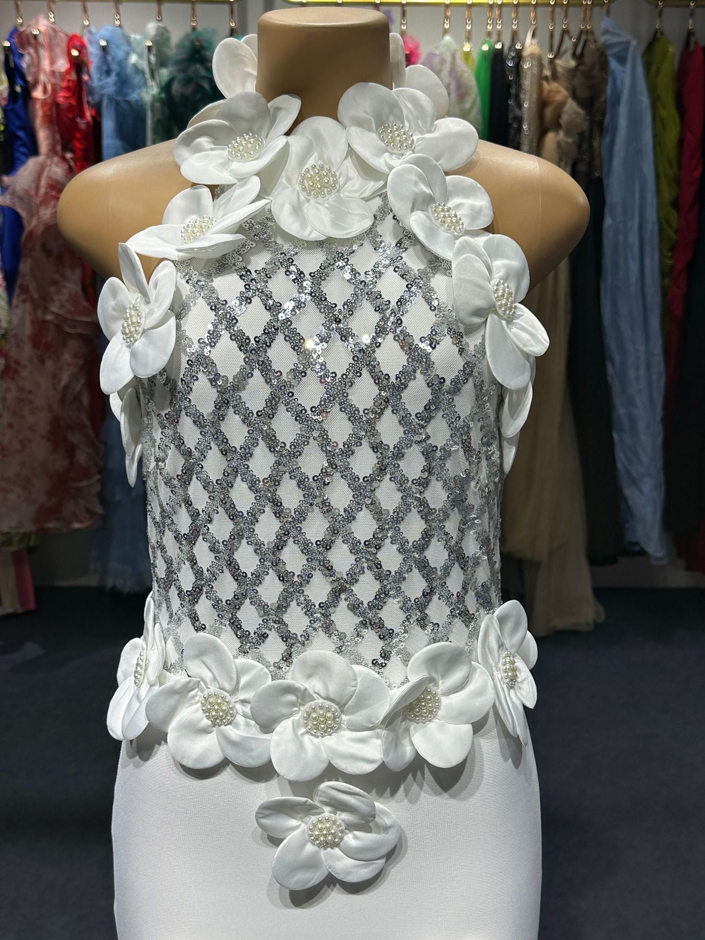 PHOENIX 3D FLOWER SEQUIN HALTER WHITE MAXI DRESS