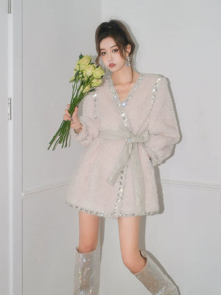 JOY V-NECK DIAMOND STUD COAT, LONG SLEEVE