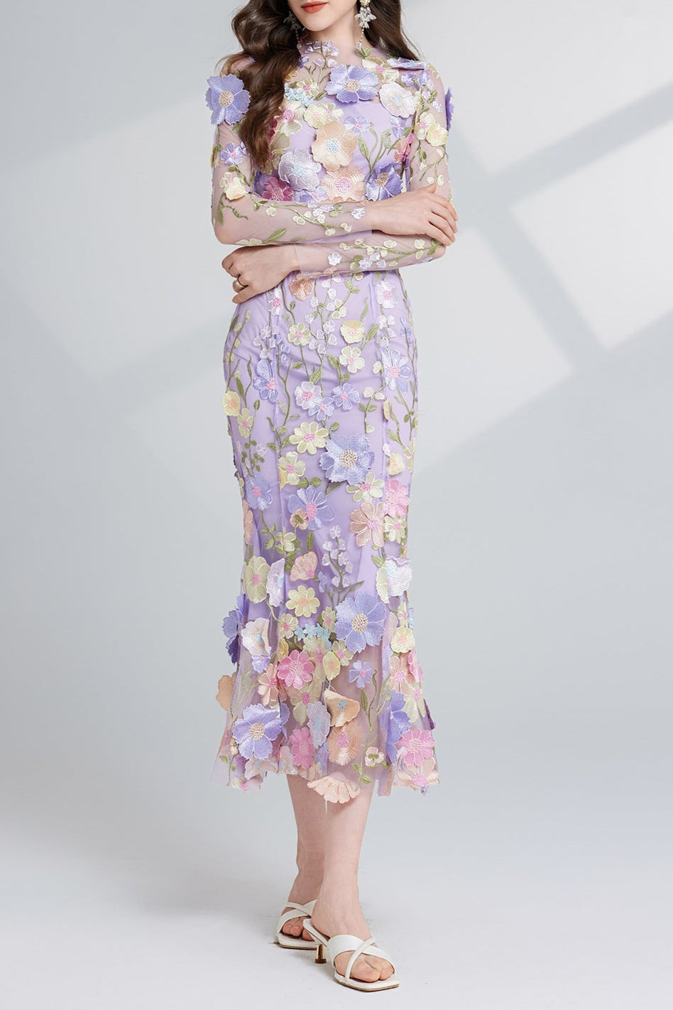 CAROL PURPLE FLORAL EMBROIDERY MESH MIDI DRESS