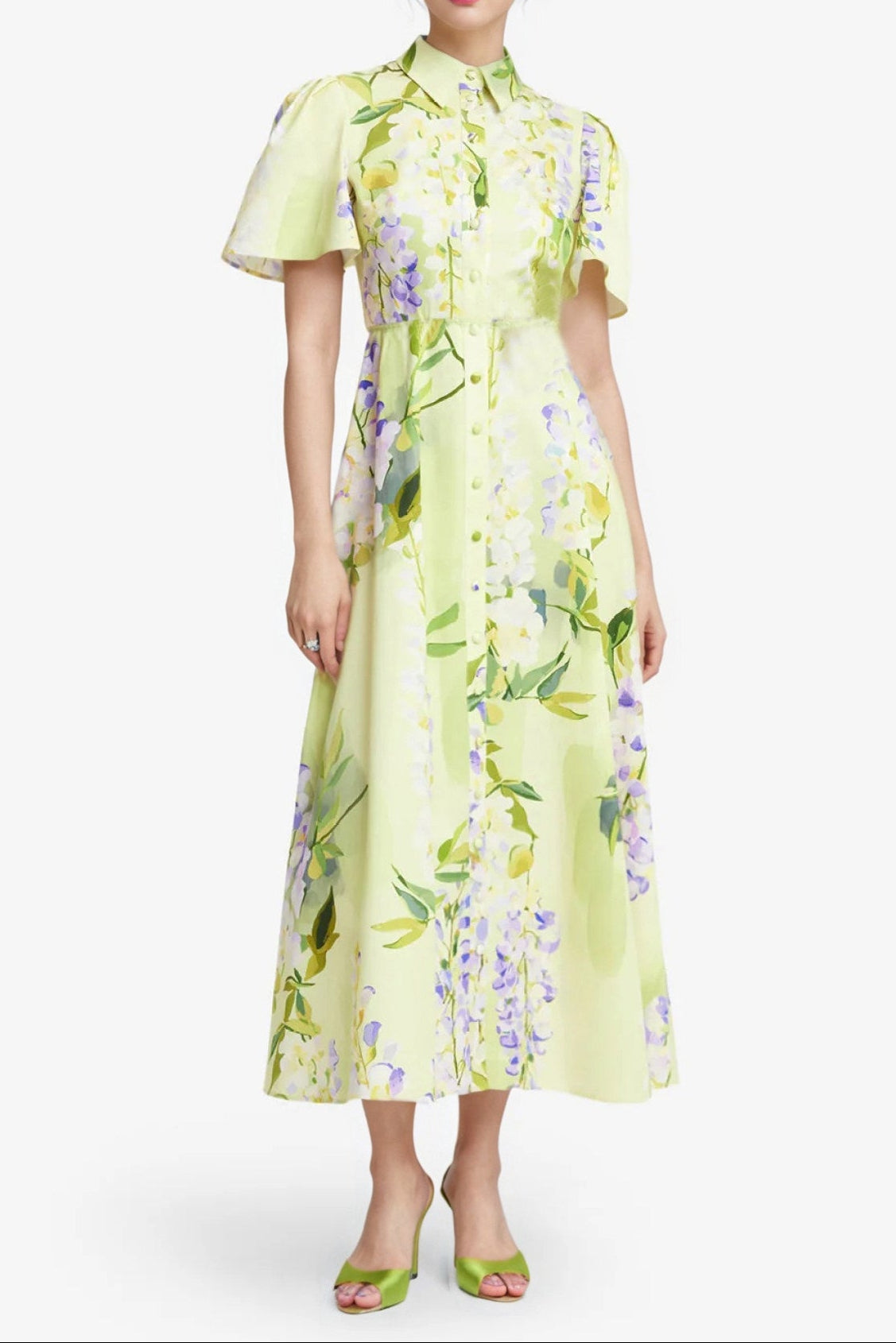 LEMON YELLOW SATIN A-LINE FLORAL POLO DRESS
