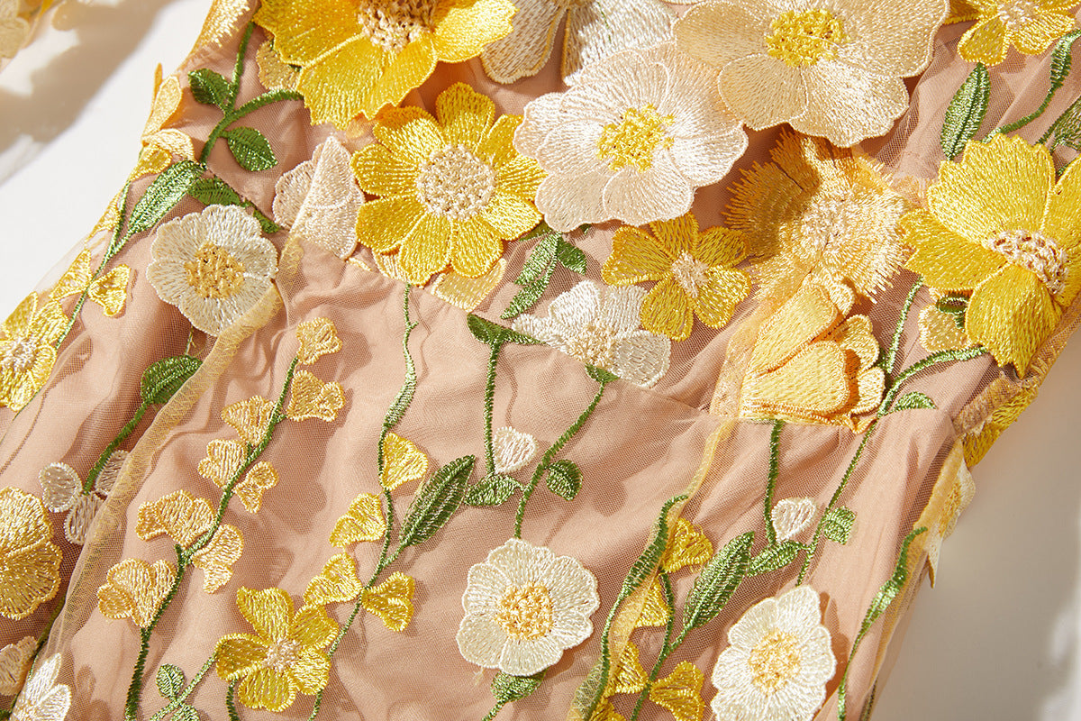 CAROL YELLOW FLORAL EMBROIDERY LONG SLEEVE MIDI DRESS