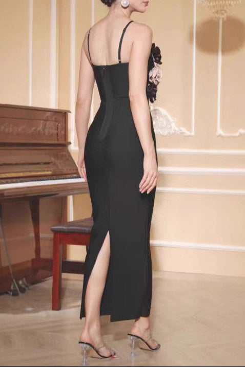 TERESA 3D FLOWER MAXI DRESS, BLACK SPAGHETTI STRAP