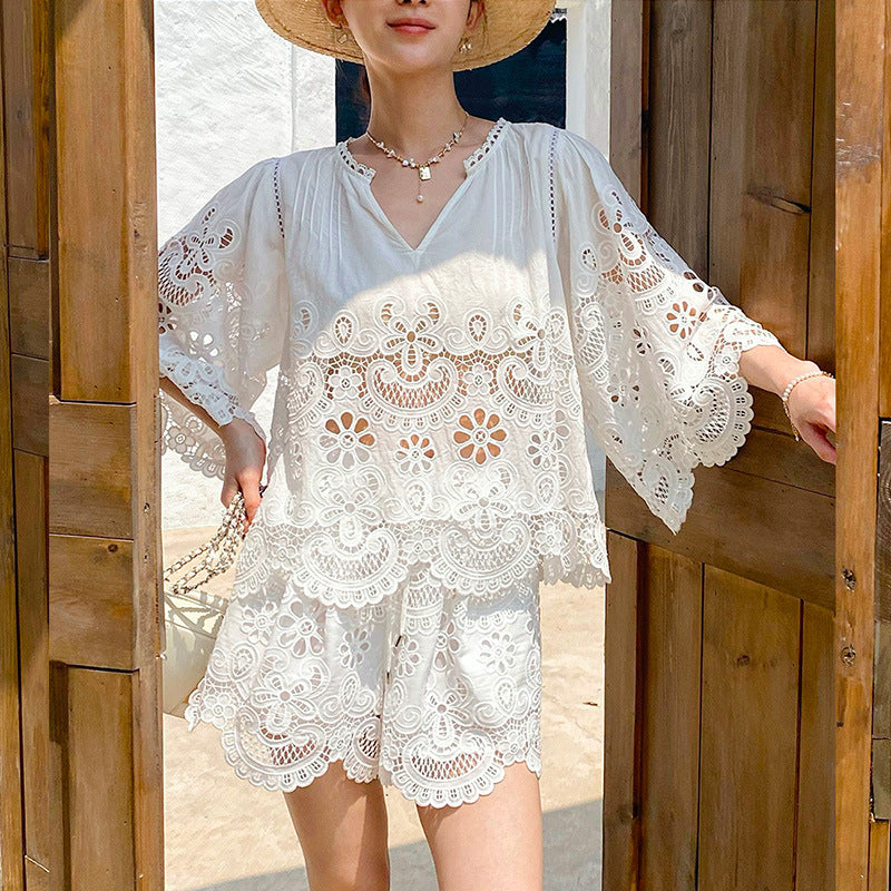 WHITE LACE EMBROIDERED HOLLOW PARTY SUIT