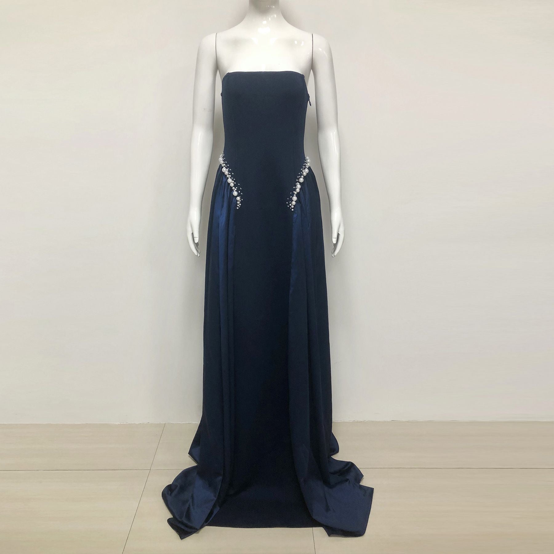 SAMANTHA DARK BLUE PEARL EMBROIDERED STRAPLESS MAXI DRESS
