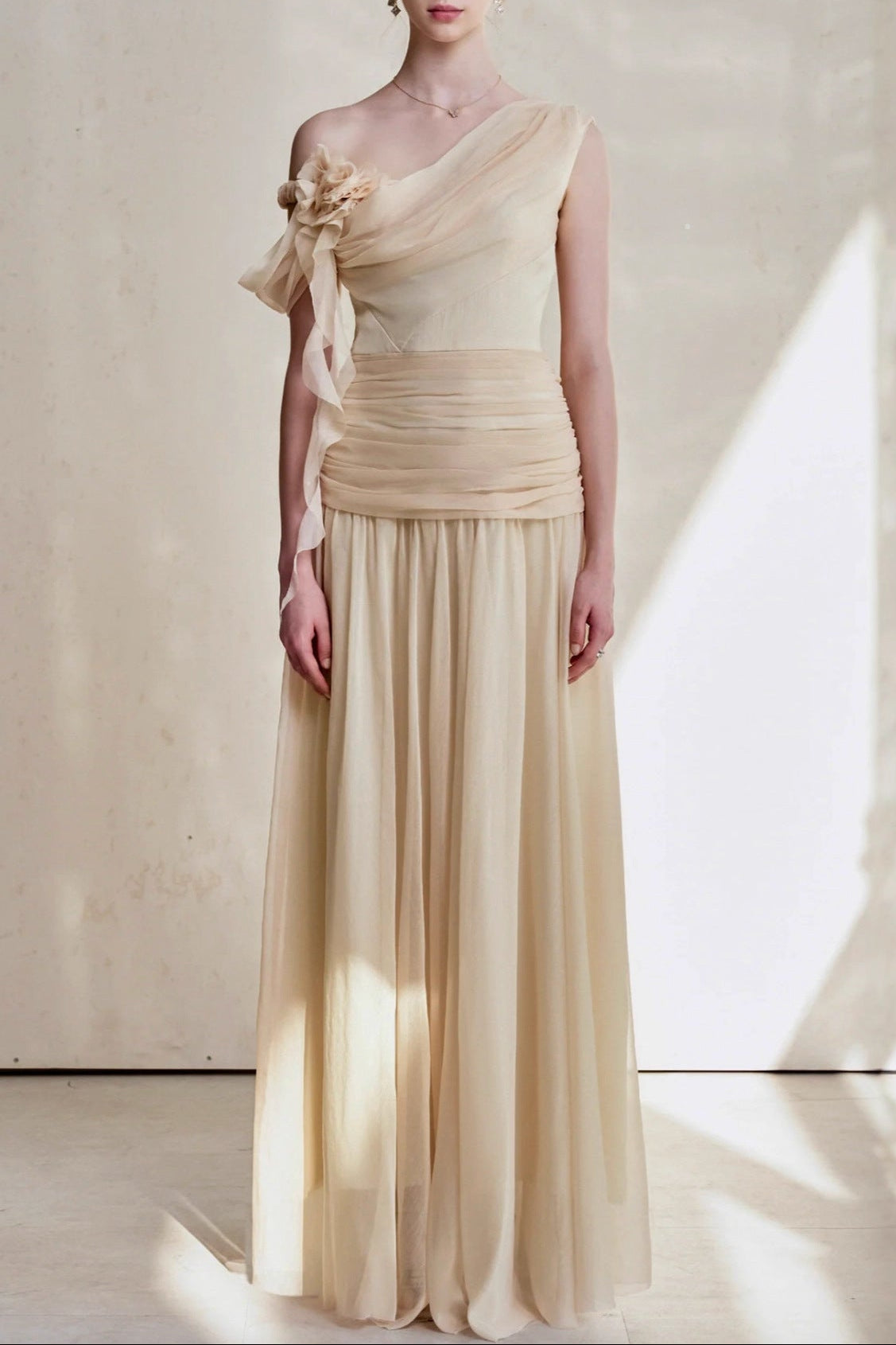ONE-SHOULDER 3D FLOWER RUCHED MAXI DRESS