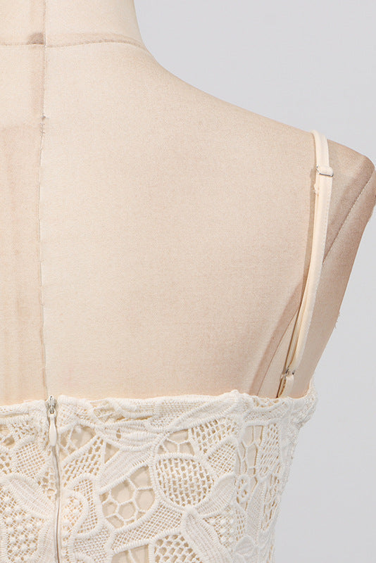 LACE HOLLOW SLEEVELESS YELLOW MINI PARTY DRESS