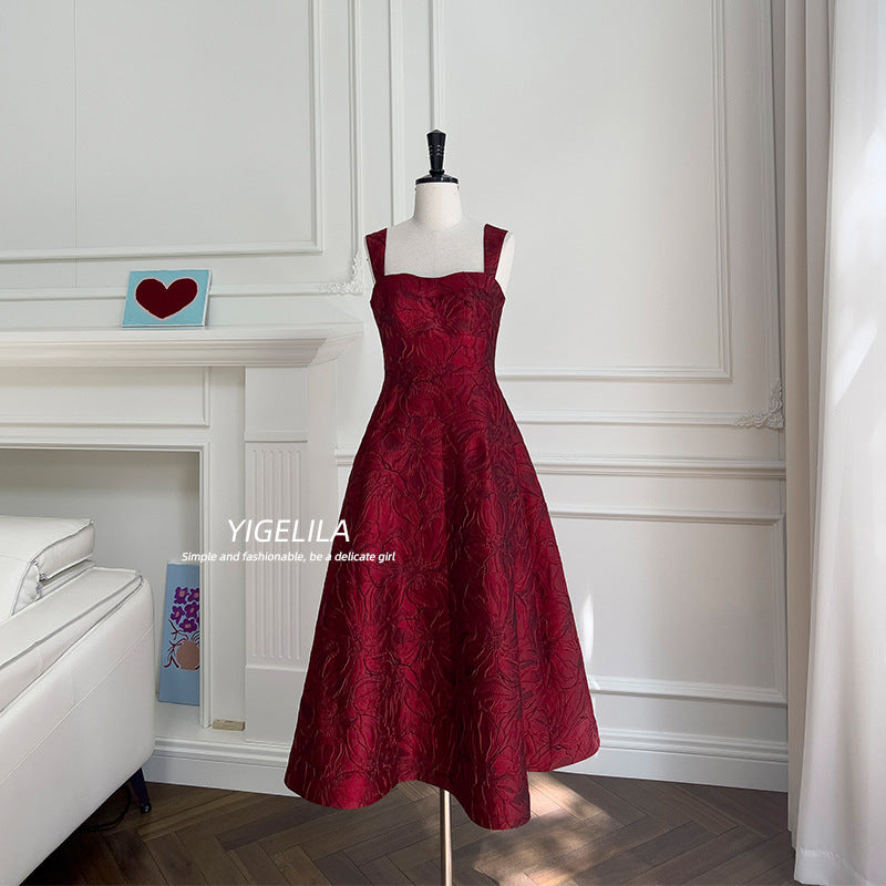BURGUNDY JACQUARD CAMI MIDI DRESS FOR EVENTS