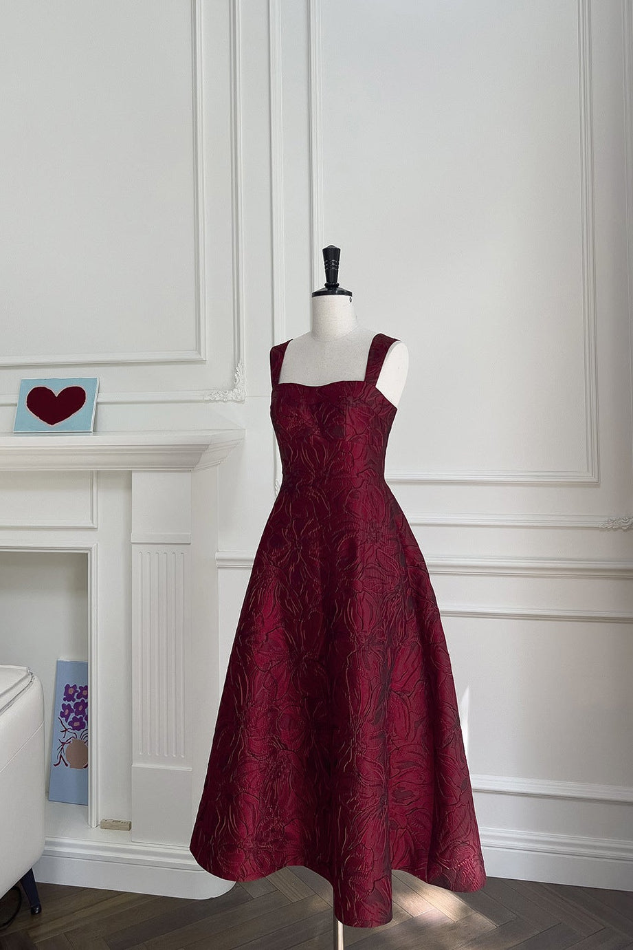 BURGUNDY JACQUARD CAMI MIDI DRESS FOR EVENTS