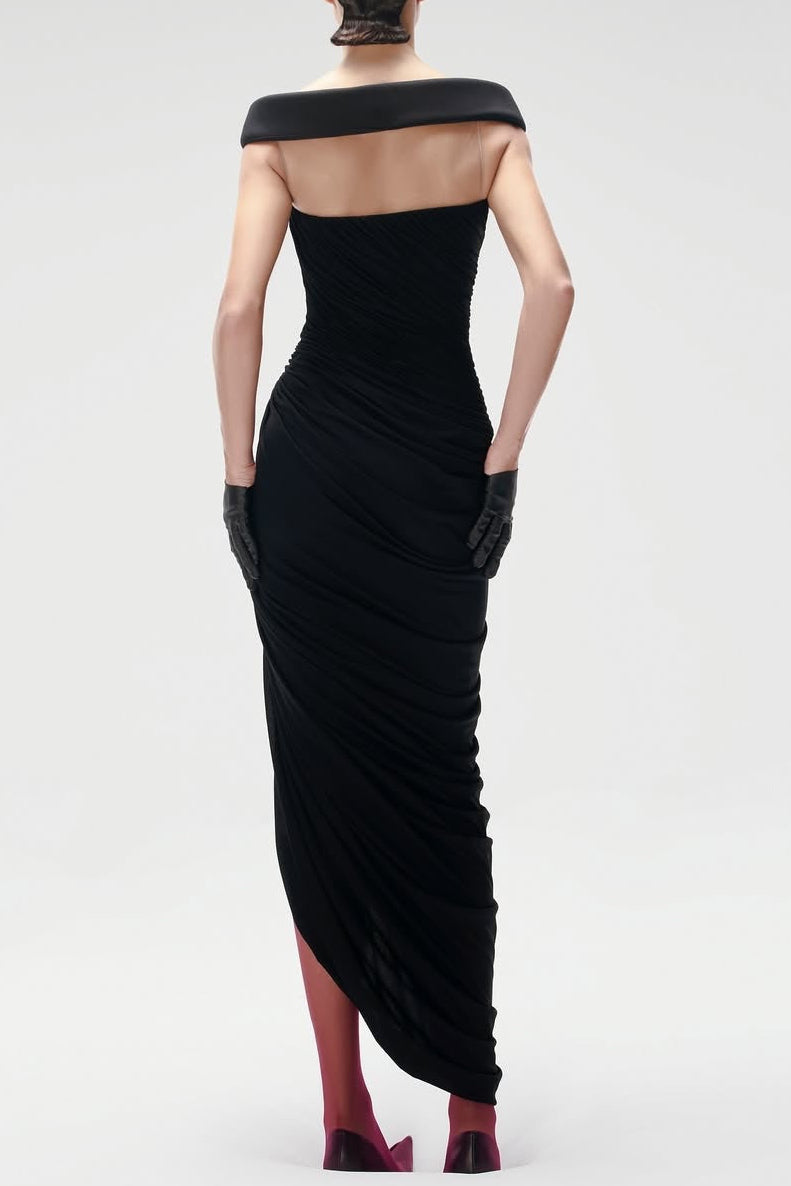 LOLA BLACK OFF-SHOULDER ASYMMETRICAL DRAPED MAXI DRESS