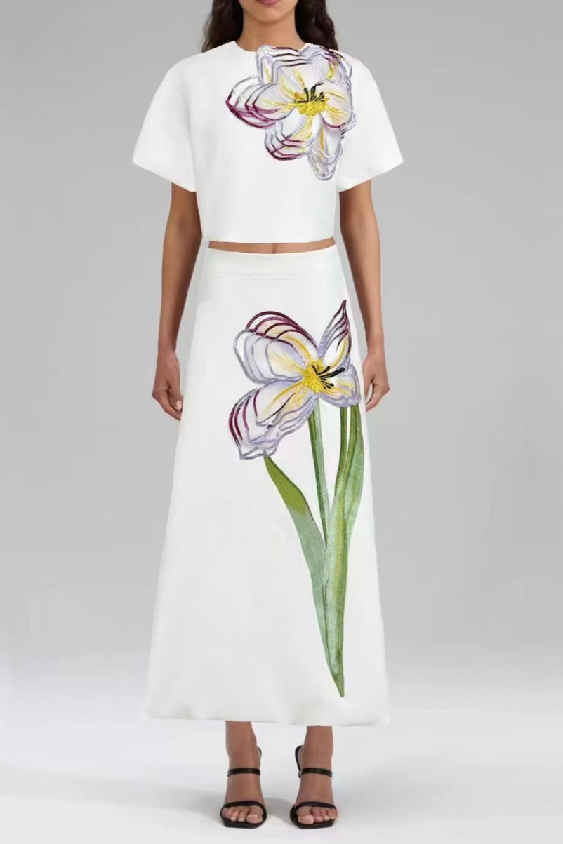 WHITE FLORAL EMBROIDERED MIDI DRESS SET